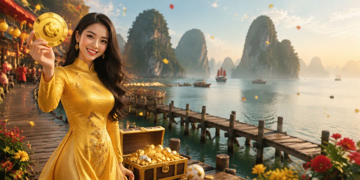 Khung cảnh vịnh Hạ Long kết hợp hình ảnh cá cược bóng đá và trang phục áo dài truyền thống Việt Nam
