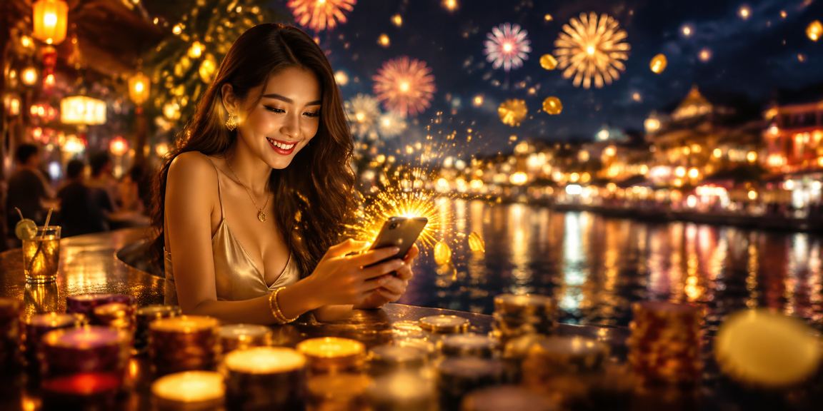 Người dùng tra cứu xổ số trên điện thoại tại chợ đêm Phú Quốc