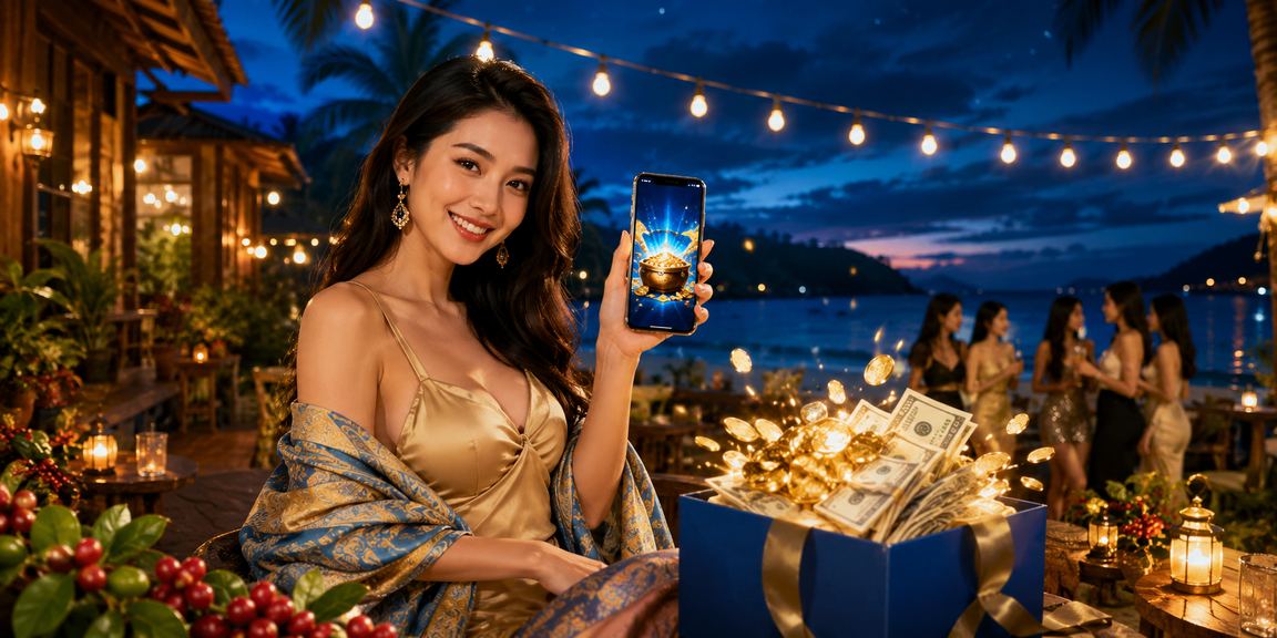 Người dùng tại Phú Quốc dùng điện thoại xem voucher ob51 cùng ly cà phê buổi tối