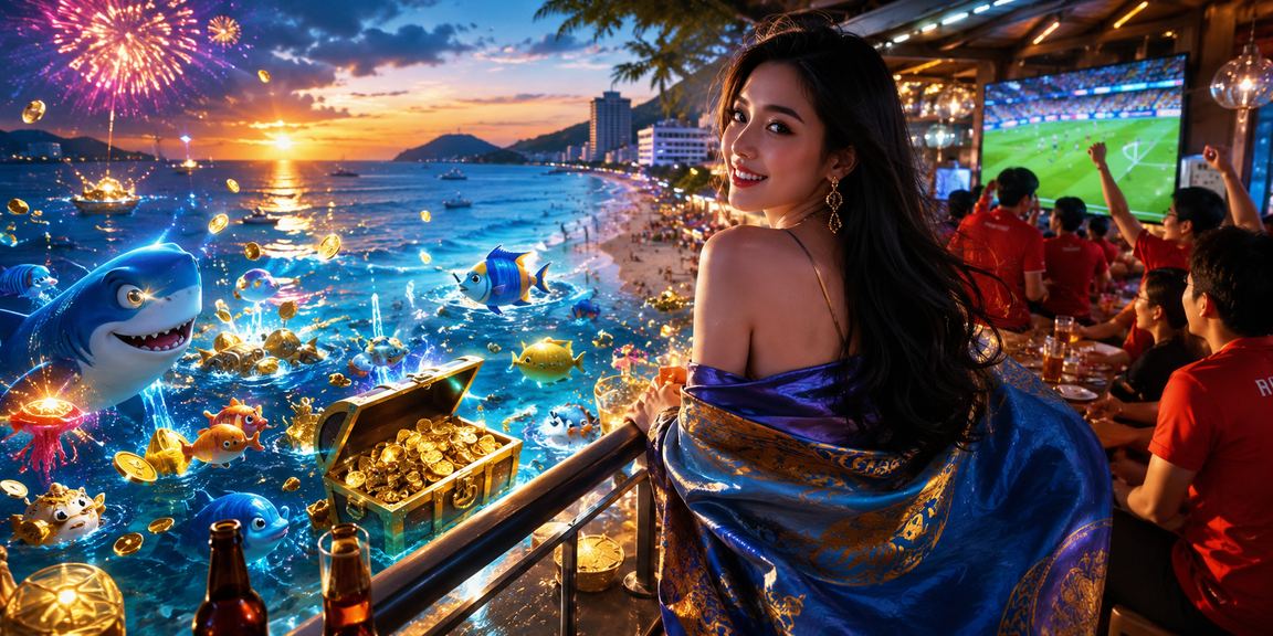 Bãi biển Vũng Tàu với hình ảnh người dùng truy cập ứng dụng cá cược thể thao trên điện thoại di động